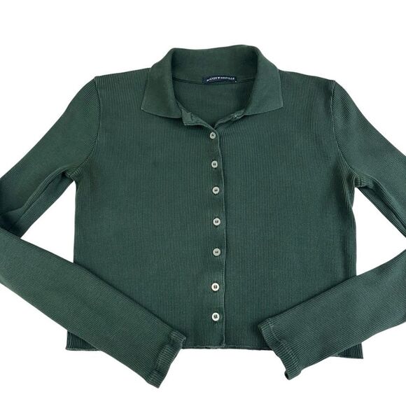 Brandy Melville Green Ribbed Long Sleve Collar Shirt, OS - Picture 1 of 8